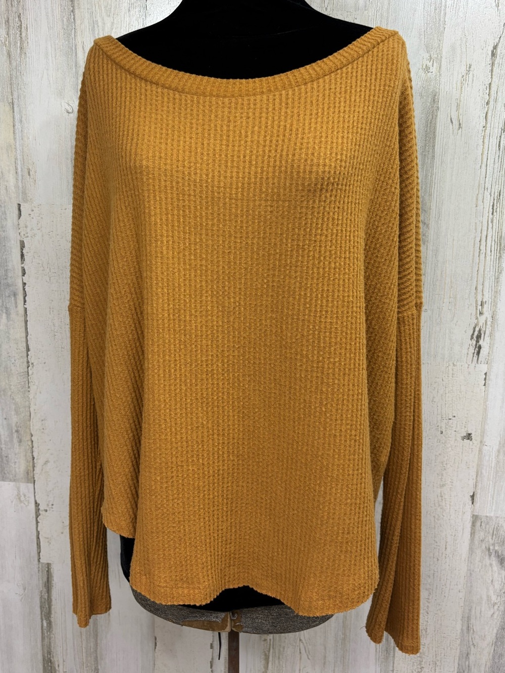 Aeropostale Mustard Long Sleeve Seriously Soft Waffle-Knit Boatneck Top